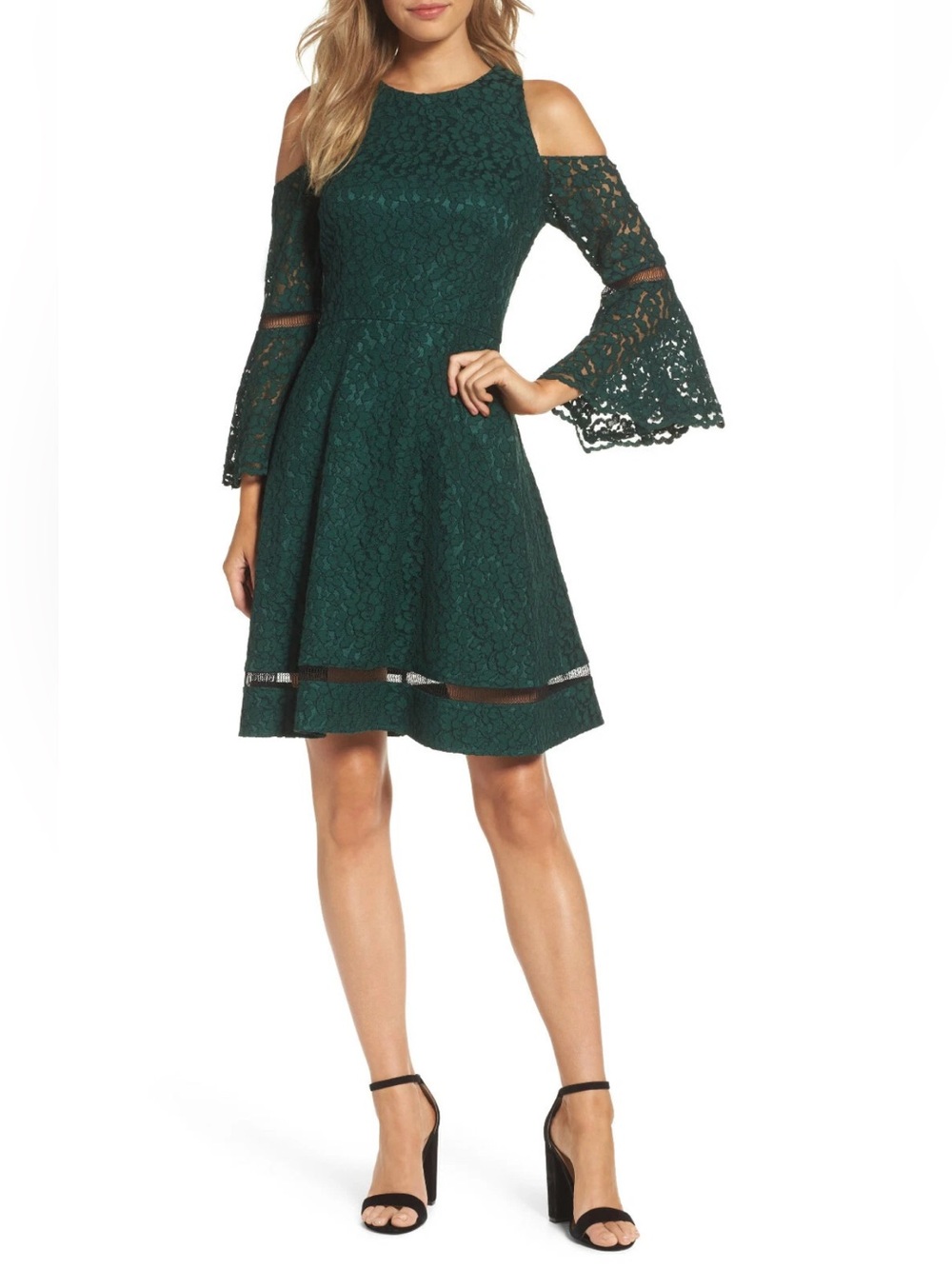 Eliza J Cold Shoulder Bell Sleeve Fit & Flare Lace Dress, Emerald Green, Size